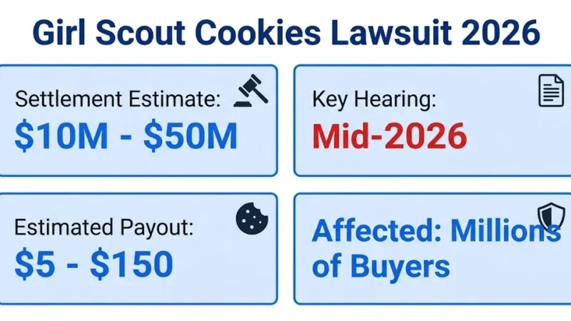 Girl scout cookies lawsuit 2026 settlement overview infographic with payout and deadline details