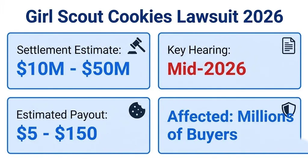 Girl scout cookies lawsuit 2026 settlement overview infographic with payout and deadline details