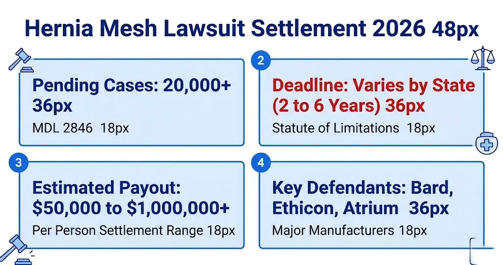Hernia mesh lawsuit 2026 settlement overview with payout ranges and case details