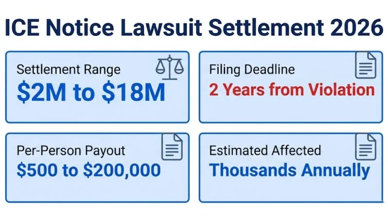 ICE facility notice requirement lawsuit 2026 settlement overview infographic with payout ranges