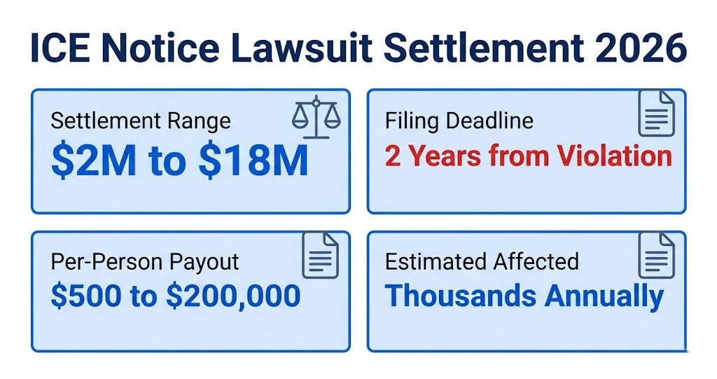 ICE facility notice requirement lawsuit 2026 settlement overview infographic with payout ranges
