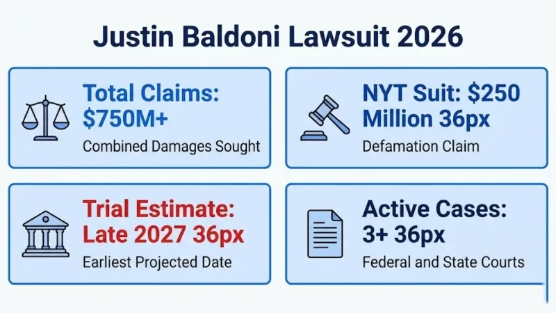Justin Baldoni lawsuit 2026 overview showing $750M+ claims and court dates