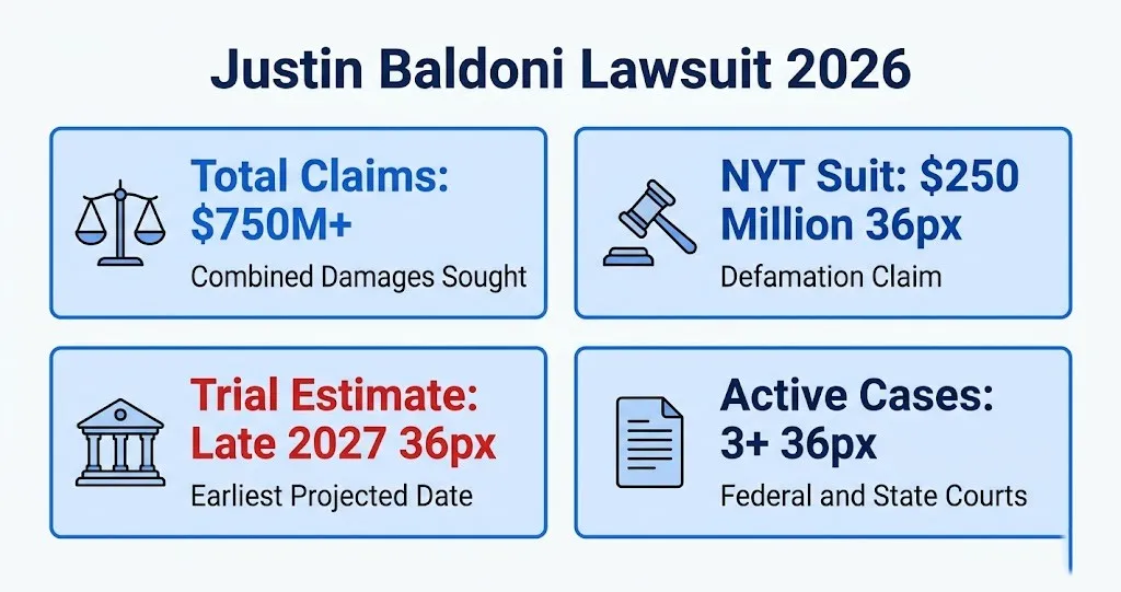 Justin Baldoni lawsuit 2026 overview showing $750M+ claims and court dates