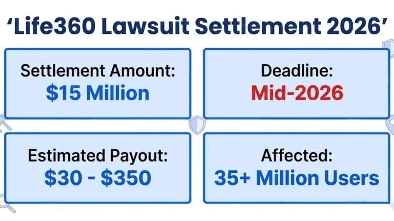 Life360 lawsuit settlement overview showing $15M fund and $30 to $350 payout range