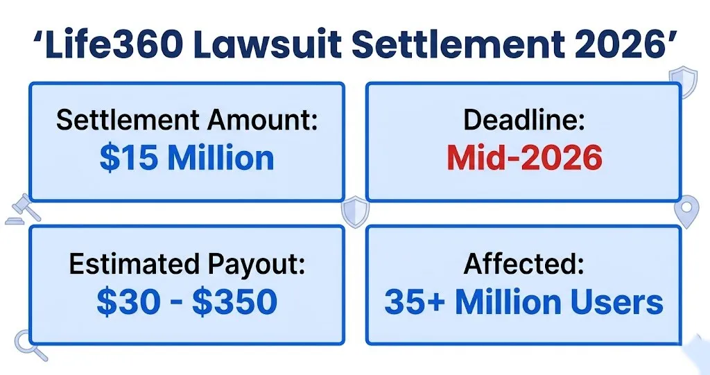 Life360 lawsuit settlement overview showing $15M fund and $30 to $350 payout range