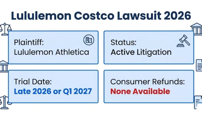 Lululemon Costco lawsuit 2026 infographic showing case status and trial timeline