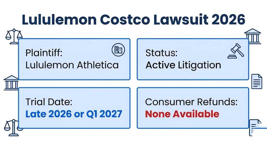 Lululemon Costco lawsuit 2026 infographic showing case status and trial timeline
