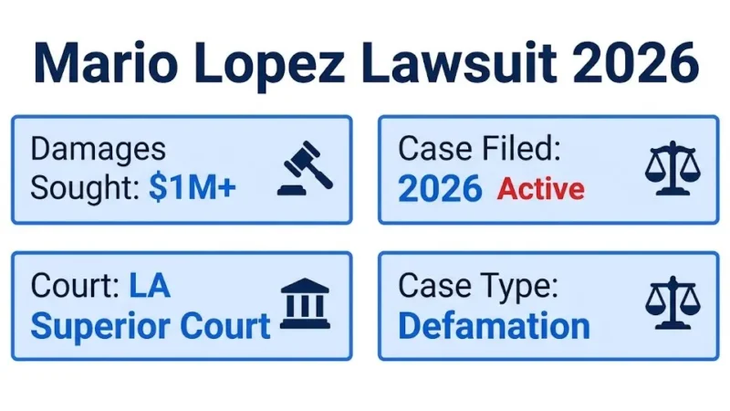 Mario Lopez lawsuit 2026 infographic showing $1M+ damages, LA Superior Court filing