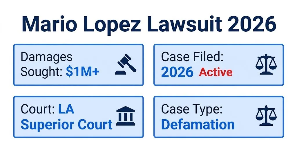 Mario Lopez lawsuit 2026 infographic showing $1M+ damages, LA Superior Court filing
