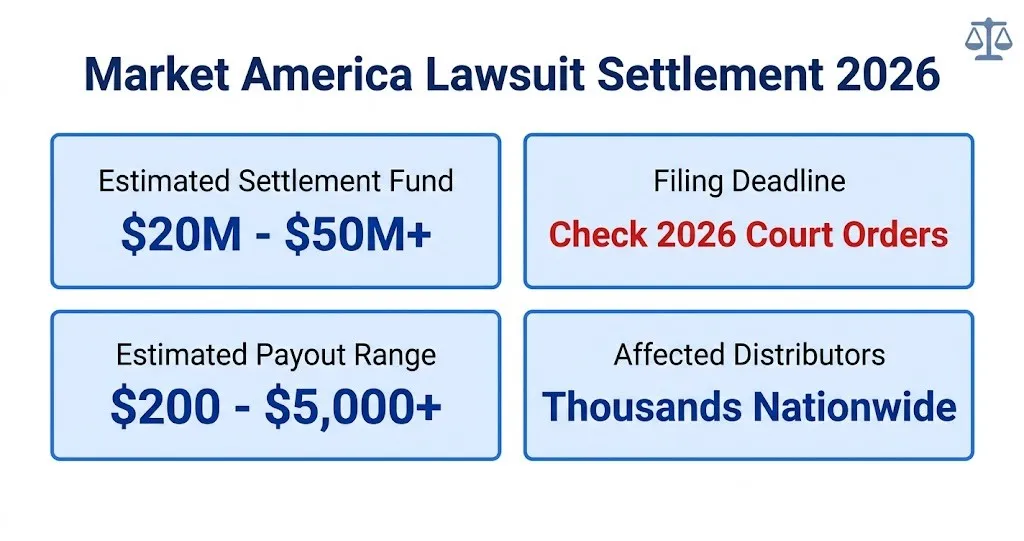 Market America lawsuit settlement overview - $20M-$50M fund, 2026 deadline, $200-$5,000 payout range