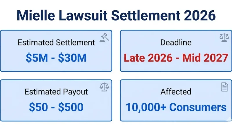 Mielle lawsuit settlement overview infographic showing payout and deadline details for 2026