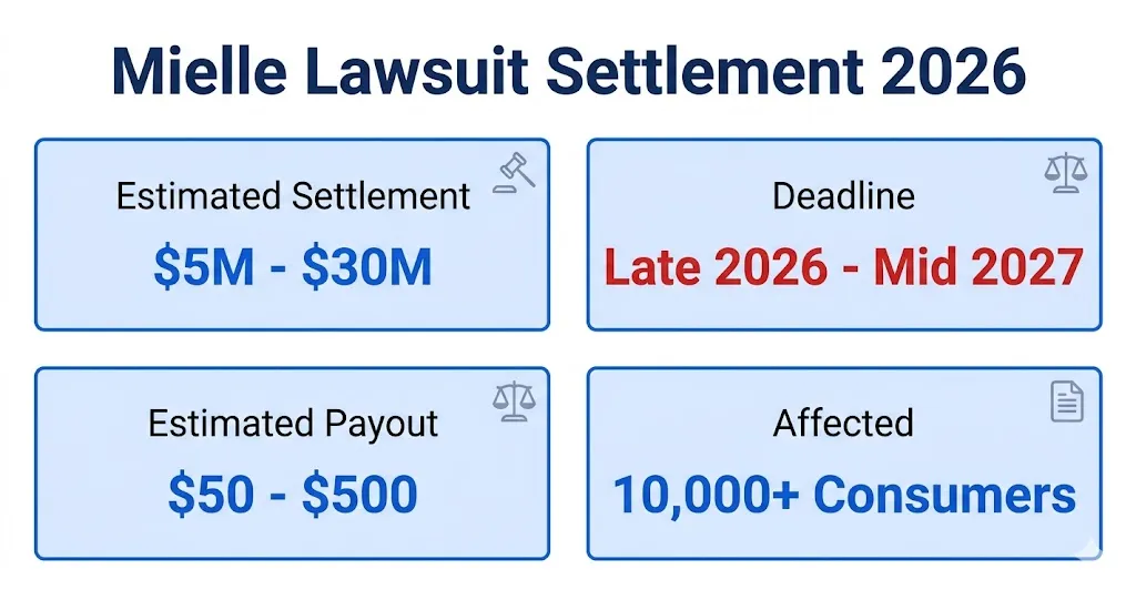 Mielle lawsuit settlement overview infographic showing payout and deadline details for 2026