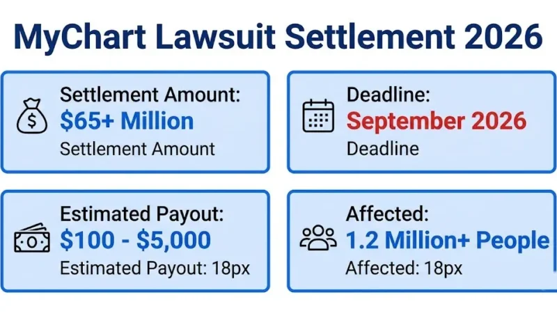 MyChart lawsuit settlement overview infographic for 2026 with payout and deadline details
