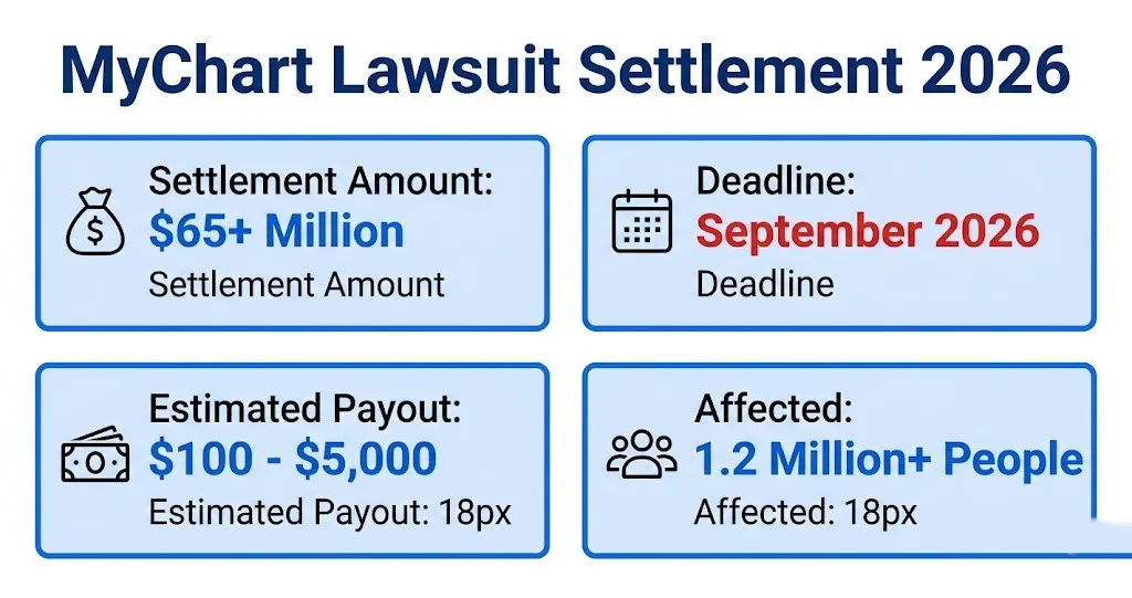 MyChart lawsuit settlement overview infographic for 2026 with payout and deadline details