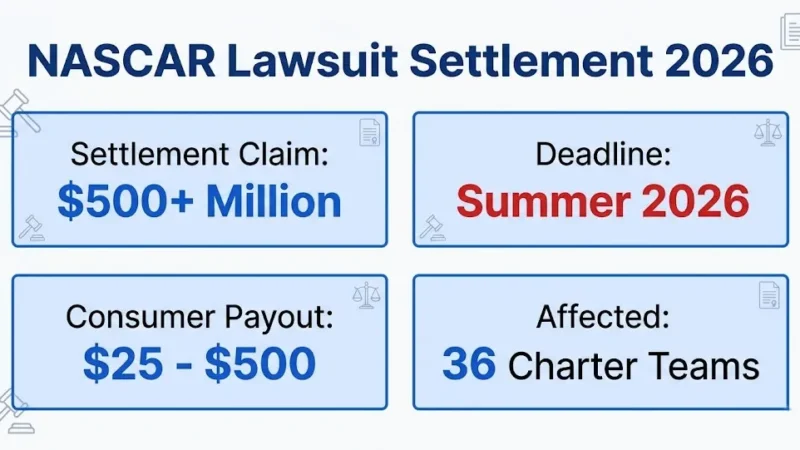 NASCAR lawsuit settlement overview showing $500M claim, Summer 2026 deadline, and $25-$500 payout range