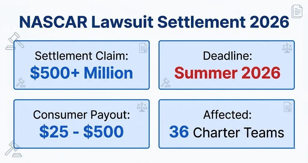 NASCAR lawsuit settlement overview showing $500M claim, Summer 2026 deadline, and $25-$500 payout range
