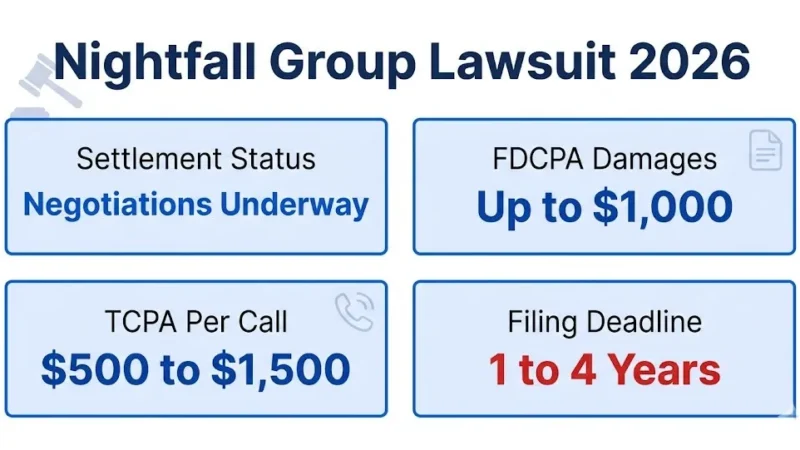 Nightfall Group lawsuit 2026 infographic showing FDCPA and TCPA damages and filing deadlines