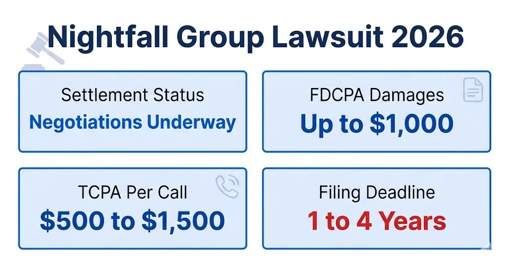 Nightfall Group lawsuit 2026 infographic showing FDCPA and TCPA damages and filing deadlines