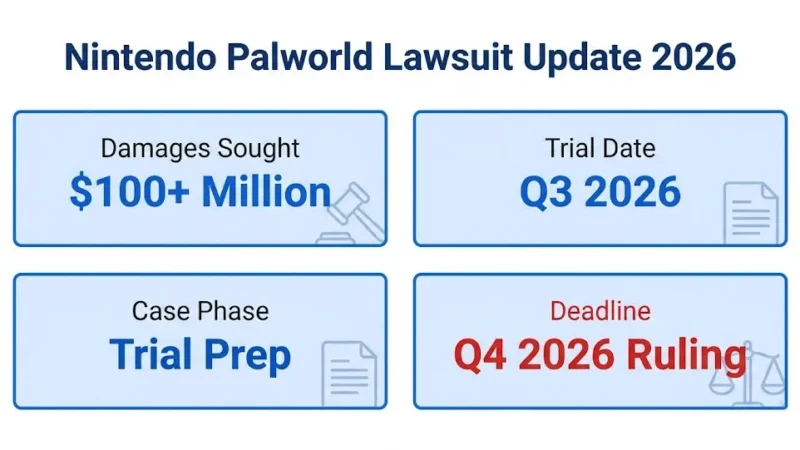 Nintendo Palworld lawsuit update 2026 infographic showing $100M damages and Q3 trial date