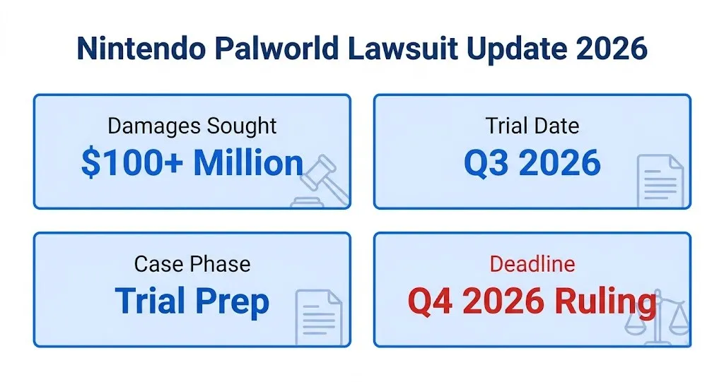 Nintendo Palworld lawsuit update 2026 infographic showing $100M damages and Q3 trial date
