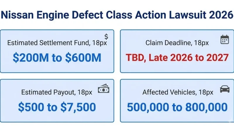Nissan class action lawsuit engine defect 2026 settlement overview infographic