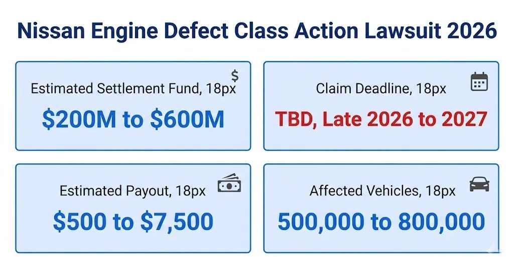Nissan class action lawsuit engine defect 2026 settlement overview infographic
