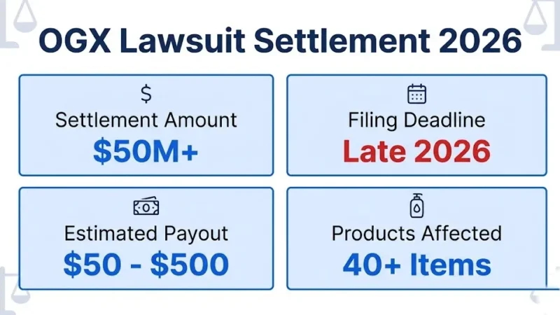OGX lawsuit 2026 settlement infographic showing $50M+ fund and $50 to $500 payouts
