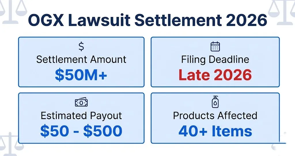 OGX lawsuit 2026 settlement infographic showing $50M+ fund and $50 to $500 payouts