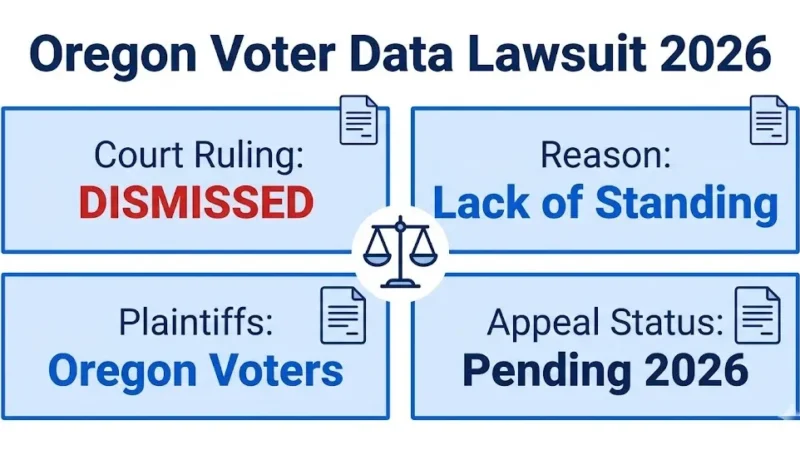 Oregon voter data lawsuit dismissed infographic showing court ruling, standing issues, and 2026 appeal status