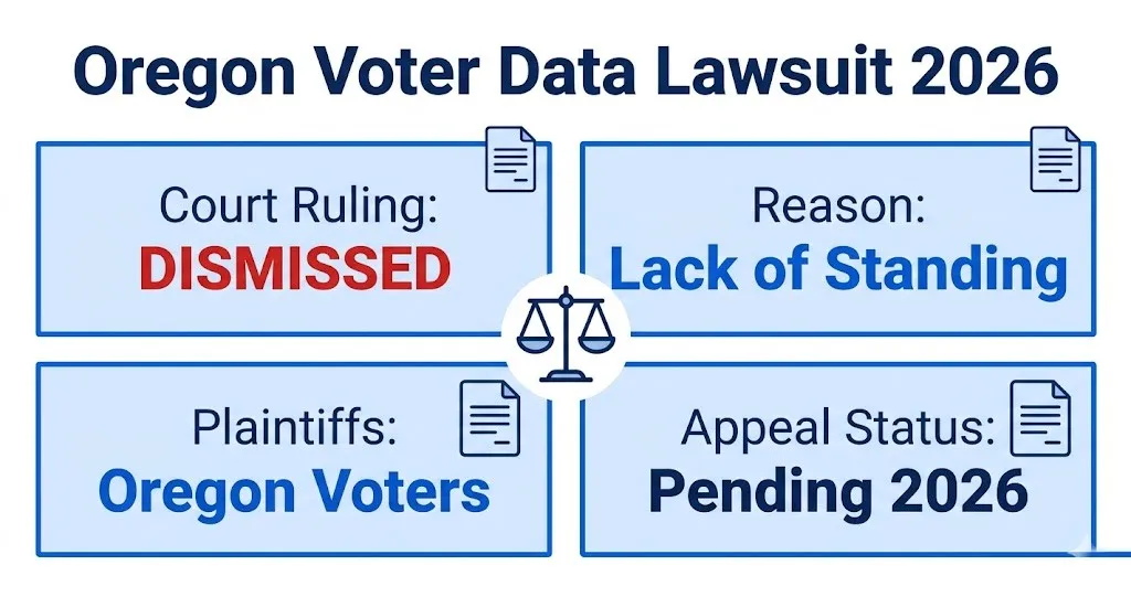 Oregon voter data lawsuit dismissed infographic showing court ruling, standing issues, and 2026 appeal status