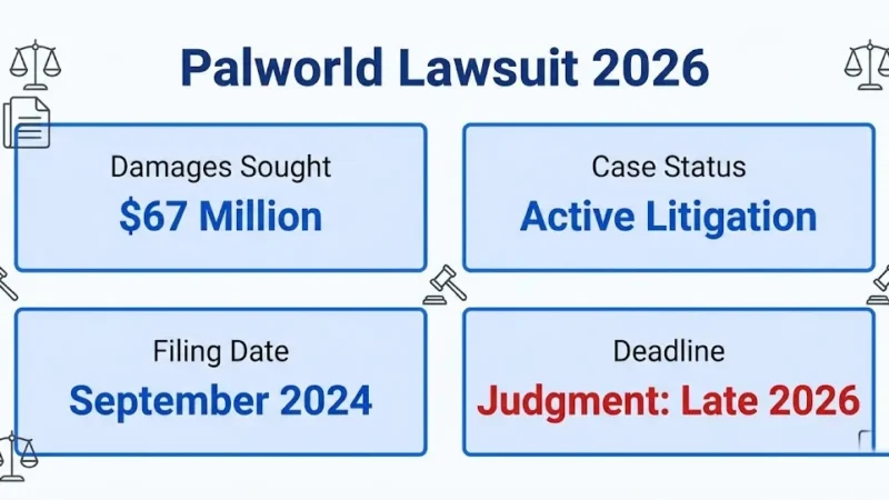 Palworld lawsuit 2026 infographic showing $67M damages, active status, timeline