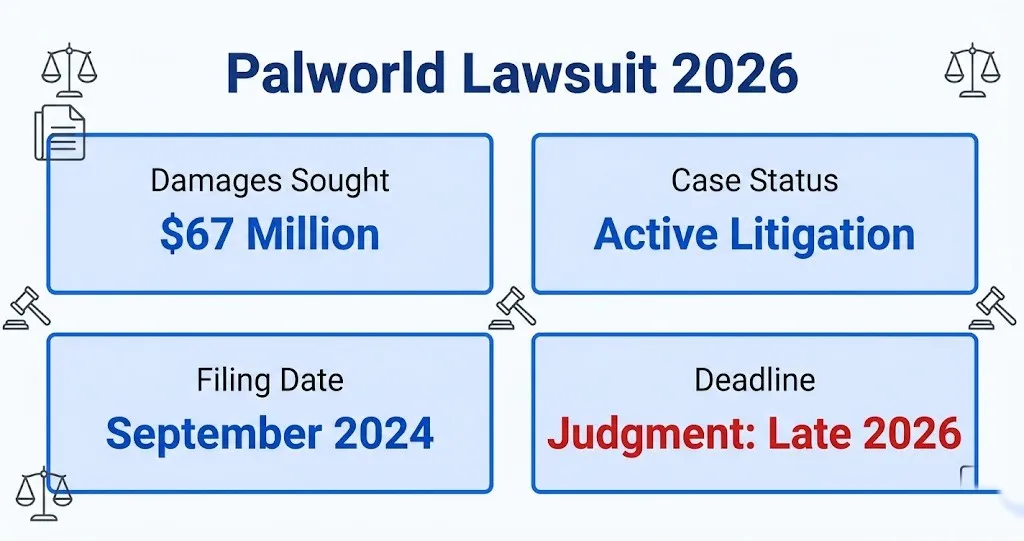 Palworld lawsuit 2026 infographic showing $67M damages, active status, timeline