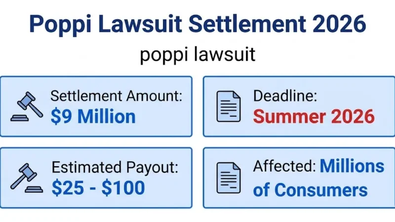 Poppi lawsuit settlement 2026 infographic showing $9M fund and $25 to $100 payouts