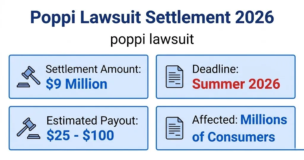 Poppi lawsuit settlement 2026 infographic showing $9M fund and $25 to $100 payouts