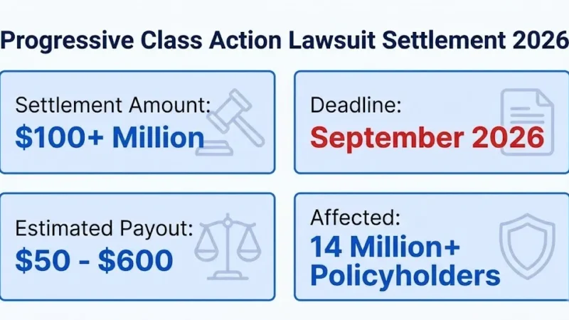 Progressive class action lawsuit settlement 2026 overview infographic with payout and deadline details