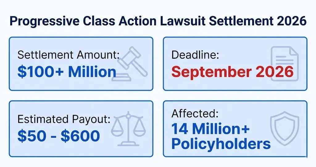 Progressive class action lawsuit settlement 2026 overview infographic with payout and deadline details