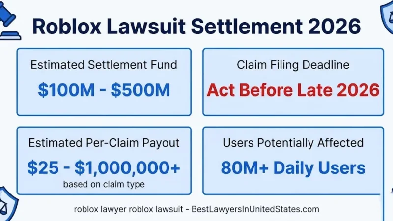 Roblox lawsuit 2026 settlement overview infographic showing $100M-$500M fund, late 2026 deadline, and payout ranges by claim type