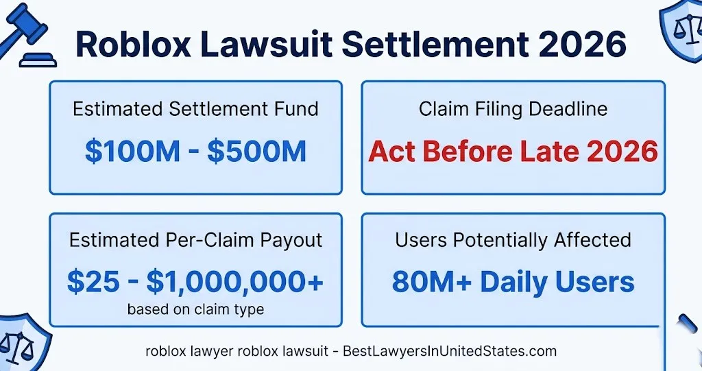 Roblox lawsuit 2026 settlement overview infographic showing $100M-$500M fund, late 2026 deadline, and payout ranges by claim type