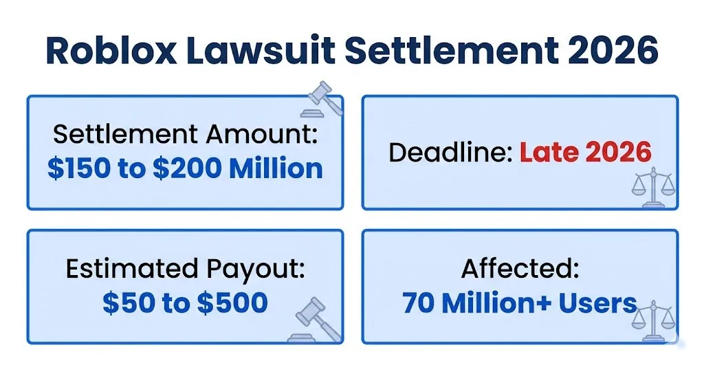 Roblox lawsuit settlement 2026 overview showing $150M+ fund and $50 to $500 payout range