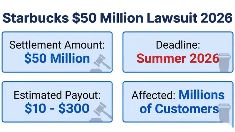 Starbucks $50 million lawsuit settlement overview showing fund amount and claim deadlines