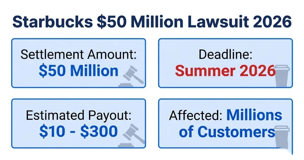 Starbucks $50 million lawsuit settlement overview showing fund amount and claim deadlines