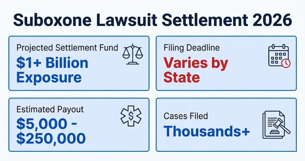 Suboxone lawsuit 2026 settlement overview with payout and deadline info