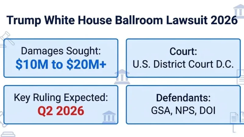 Trump White House ballroom lawsuit 2026 overview showing damages sought and key court dates