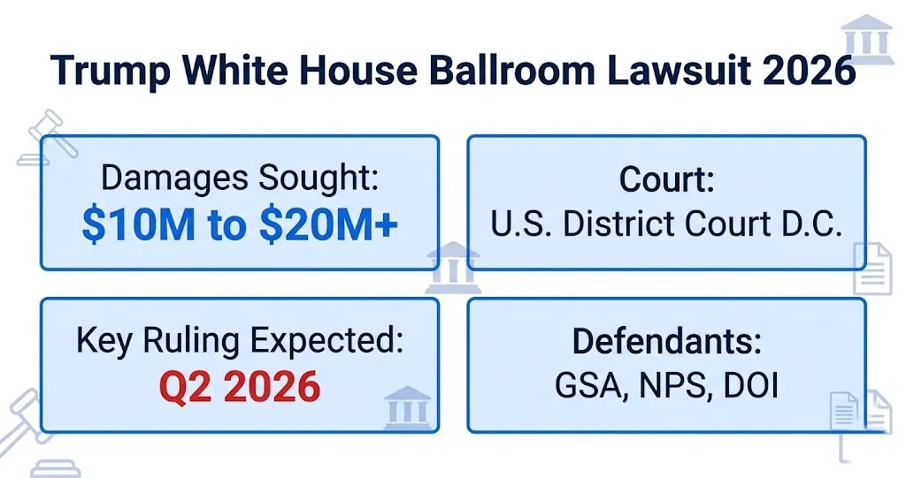 Trump White House ballroom lawsuit 2026 overview showing damages sought and key court dates