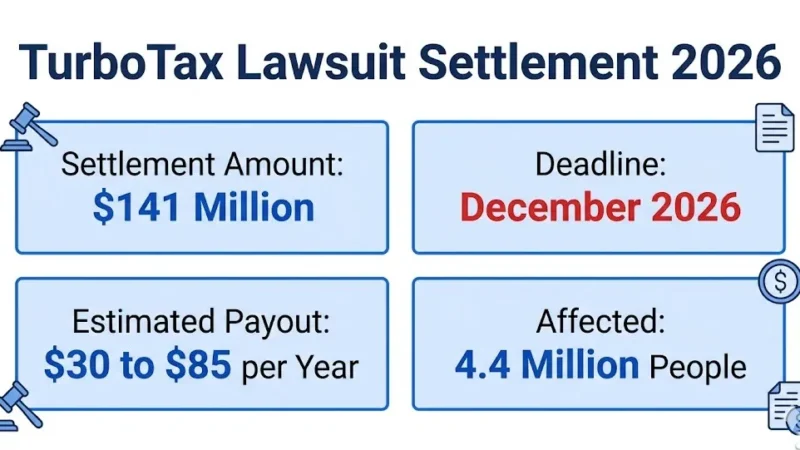TurboTax lawsuit settlement infographic showing $141M fund and $30 to $85 payout range