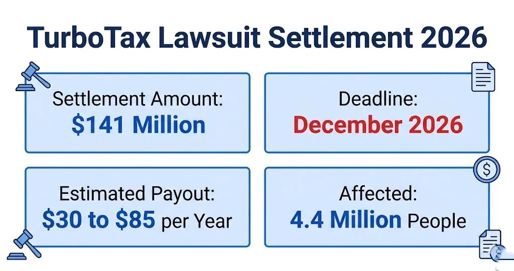 TurboTax lawsuit settlement infographic showing $141M fund and $30 to $85 payout range