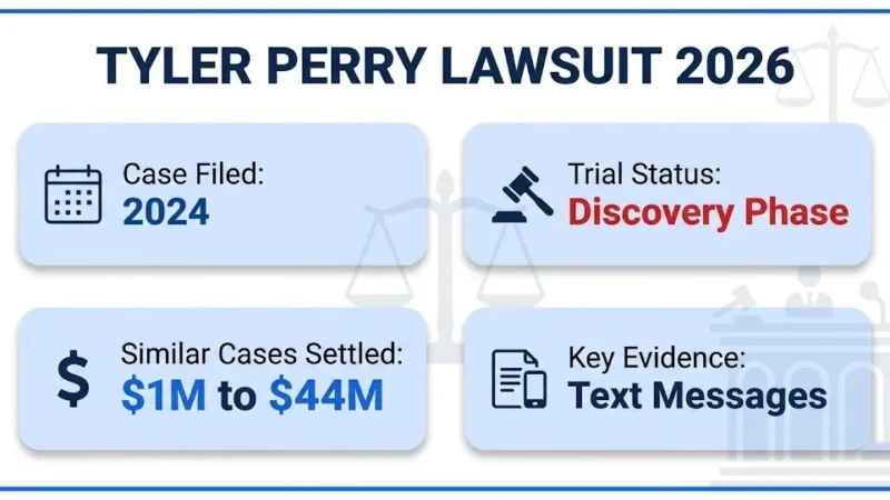 Tyler Perry lawsuit 2026 infographic with case timeline and settlement data