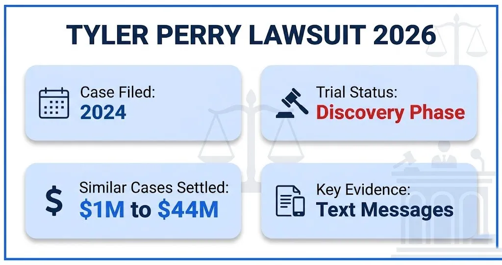 Tyler Perry lawsuit 2026 infographic with case timeline and settlement data