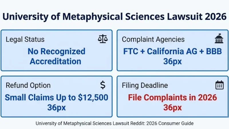 University of Metaphysical Sciences lawsuit 2026 overview showing complaint agencies, refund options up to $12,500, and filing guide