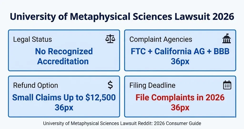 University of Metaphysical Sciences lawsuit 2026 overview showing complaint agencies, refund options up to $12,500, and filing guide